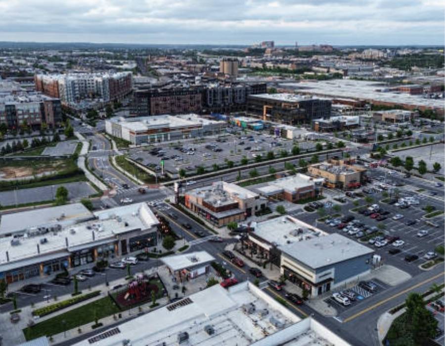 Aerial view of commercial properties and flat roofs in Baltimore, Maryland