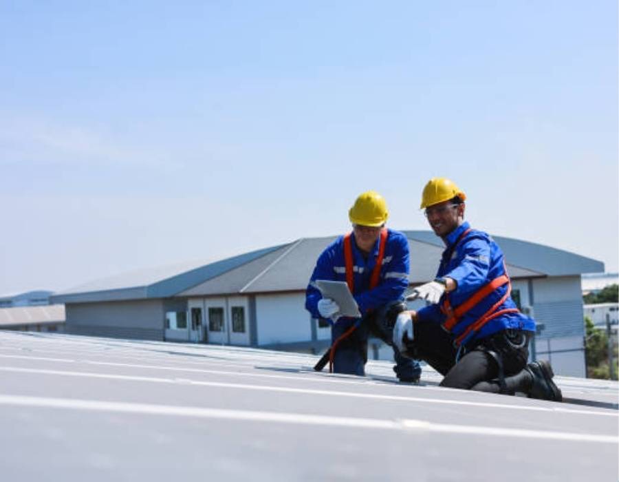 Commercial roofing contractors inspecting a flat roof on a Maryland business building